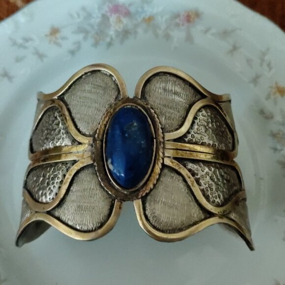 Vintage 1980s MORITA GIL Chile Mixed Metal & Lapis Lazuli Designer Bracelet 925 - Picture 8 of 10